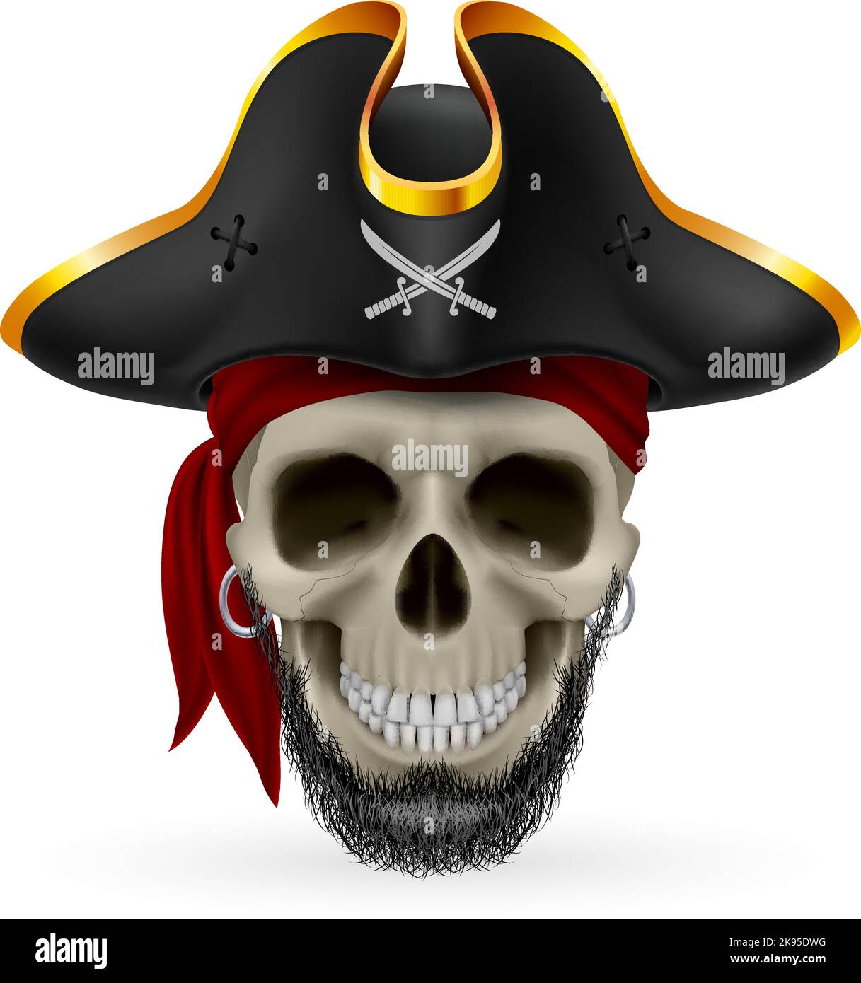 Crâne de pirate barbu en bandana rouge et chapeau coché Illustration de Vecteur