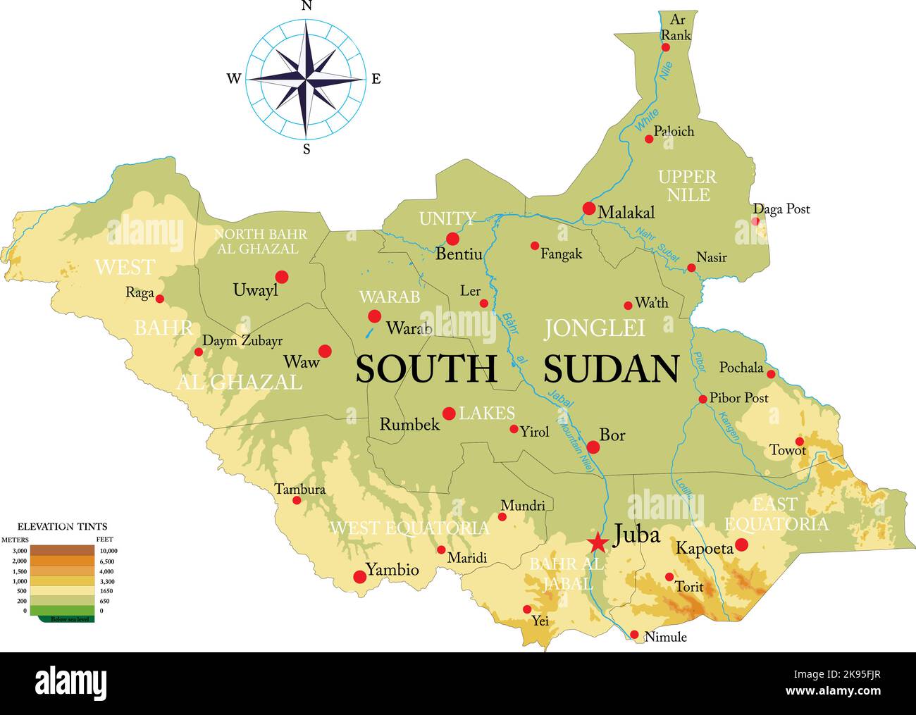 Carte physique très détaillée du Sud Soudan en format vectoriel, avec toutes les formes de secours, les régions et les grandes villes. Illustration de Vecteur