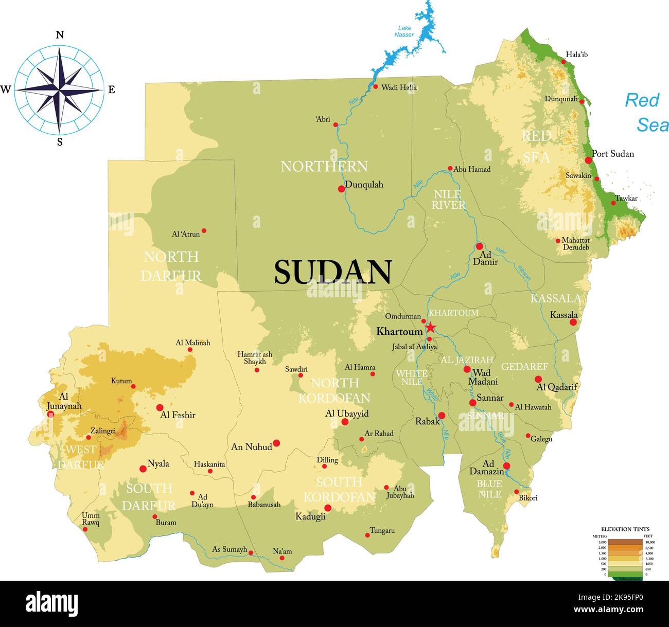 Carte physique très détaillée du Soudan en format vectoriel, avec toutes les formes de secours, les régions et les grandes villes. Illustration de Vecteur