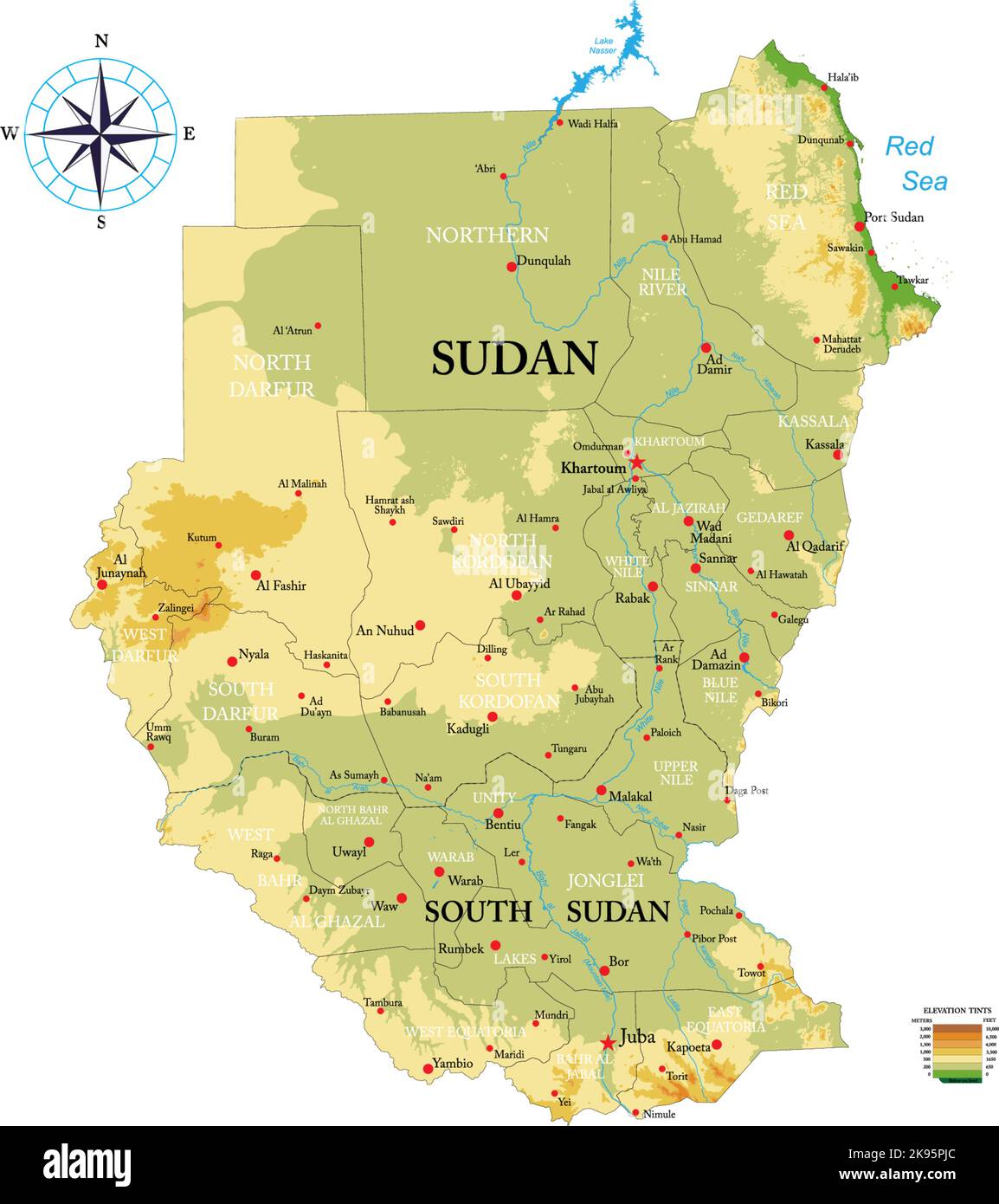 Carte physique très détaillée du Soudan et du Sud Soudan en format vectoriel, avec toutes les formes de secours, les régions et les grandes villes. Illustration de Vecteur