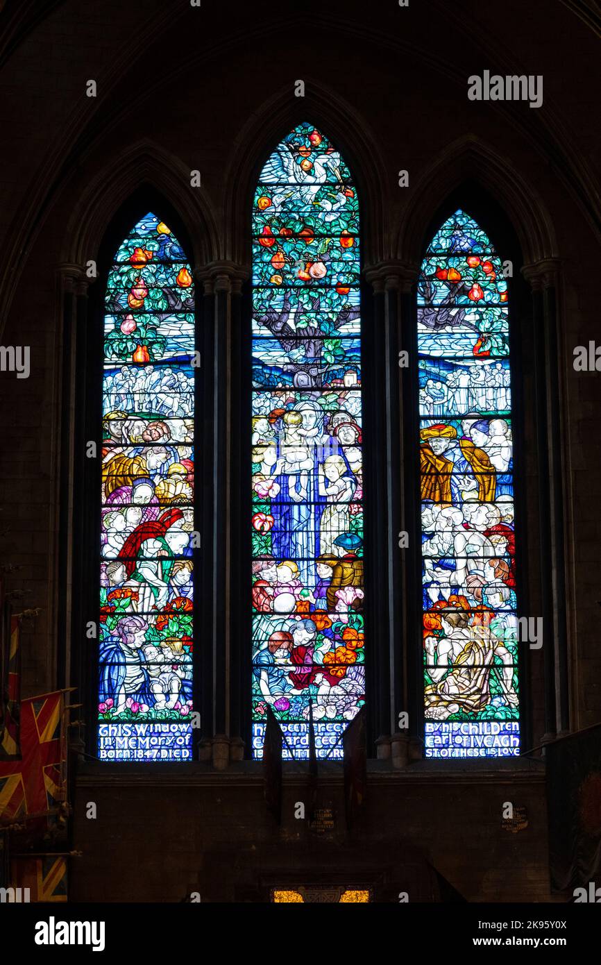 Irlande Dublin Cathédrale St Patrick l'église d'Irlande est catholique fondée 1191 vitraux gothiques nom de fenêtre E C Guinness 1st comte d'Inveagh Banque D'Images