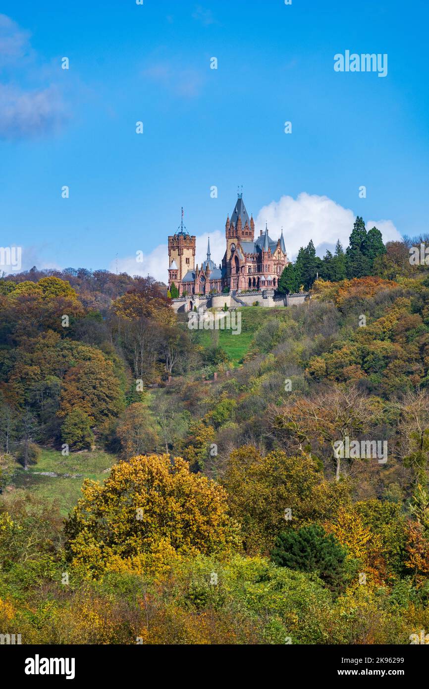 Un cliché vertical du château de Drachenburg sur la colline de Drachenfels sous un ciel bleu Banque D'Images