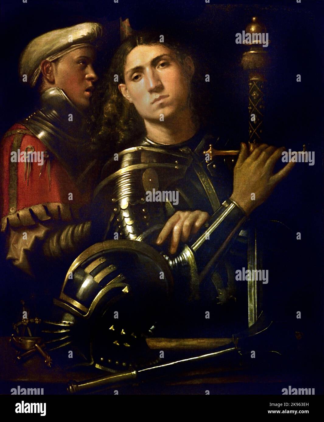 Le « Gattamelata ». Homme en armure avec un squire Giorgio da Castelfranco, connu sous le nom de Giorgione (Castelfranco Veneto 1477 ca. - Venise 1510) , Florence, Italie. ( Le jeune chevalier, avec sa fière expression, tient le magnifique sbarard, de son épée d'une main ) Banque D'Images