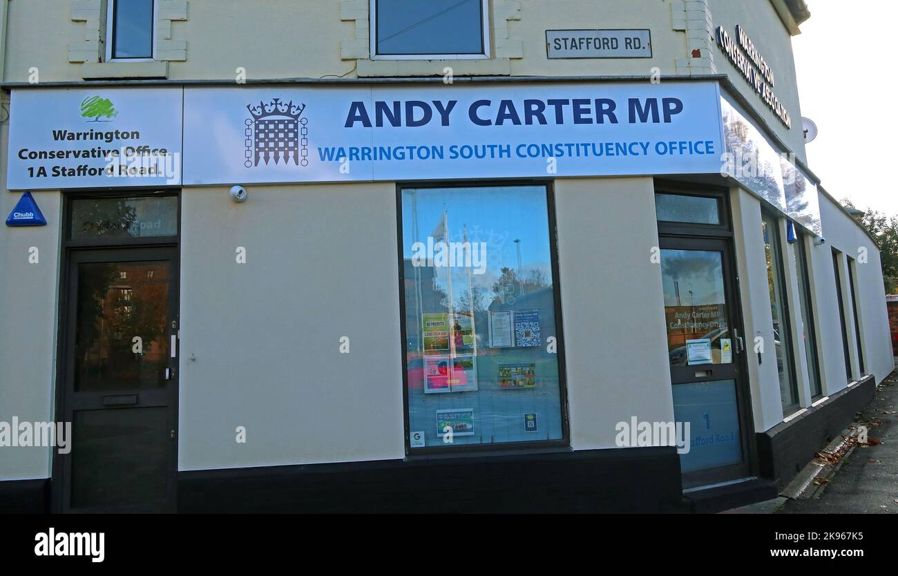 Andy carter, député, Bureau conservateur, 1A, chemin Stafford, Bureau de circonscription de Warrington South, Cheshire, Angleterre, Royaume-Uni, WA4 6RP Banque D'Images
