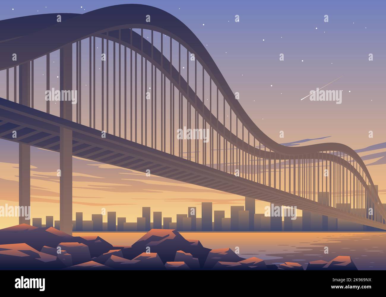 Une belle illustration d'un pont moderne sur l'eau avec coucher de soleil et un météore en arrière-plan Illustration de Vecteur