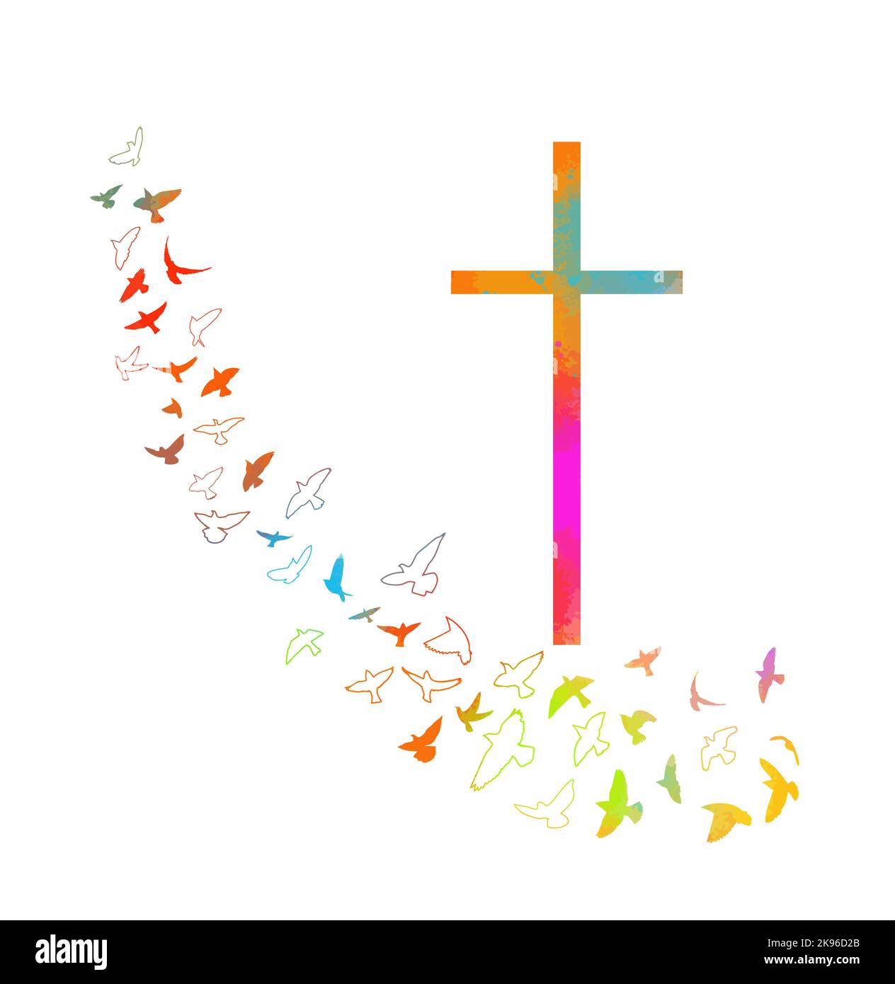 Colombe sur la paix et le symbole de la religion isolée croisée. Croix religieuse colorée avec oiseaux volants. Illustration vectorielle Illustration de Vecteur