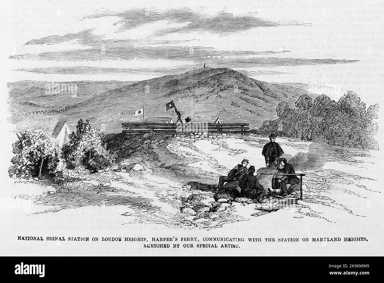 Station de signalisation nationale sur Loudon Heights, Harper's Ferry, communiquant avec la station sur Maryland Heights. Octobre 1862. Illustration de la guerre de Sécession américaine du 19th siècle tirée du journal illustré de Frank Leslie Banque D'Images