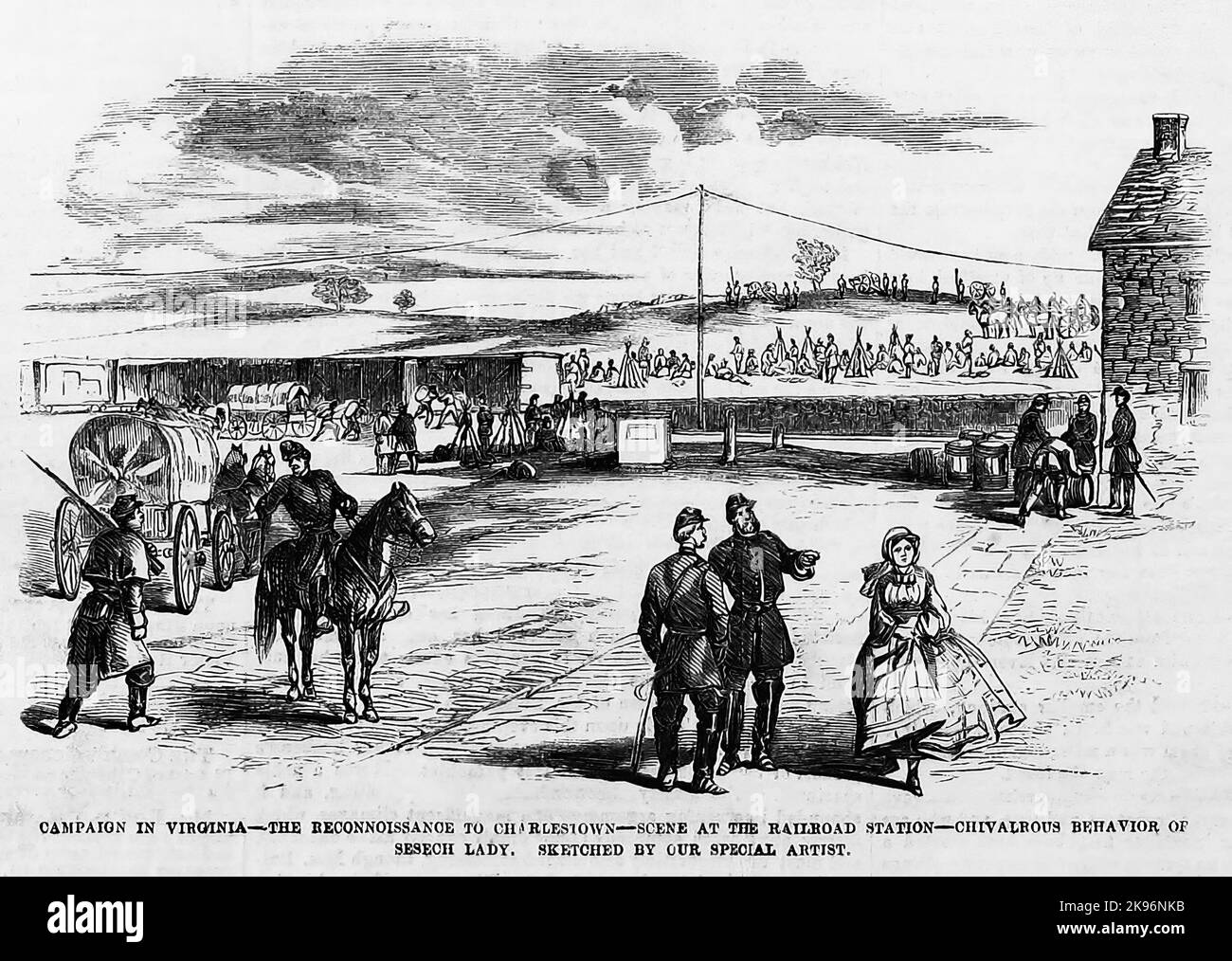 Campagne en Virginie - la reconnaissance à Charles Town - scène à la gare - comportement exemplaire de Sesech lady. Octobre 1862. Illustration de la guerre de Sécession américaine du 19th siècle tirée du journal illustré de Frank Leslie Banque D'Images