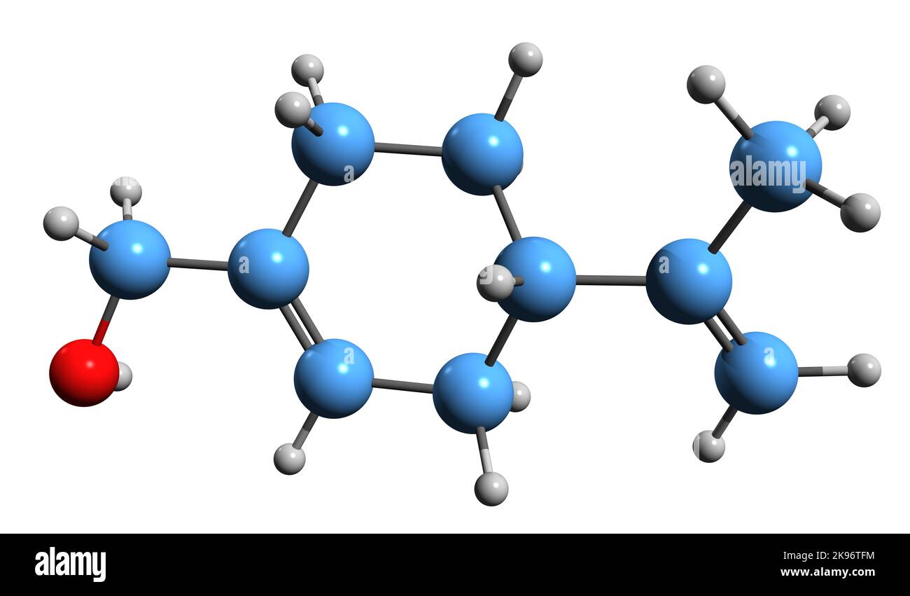 3D image de la formule squelettique d'alcool périlylique - structure chimique moléculaire du terpène monocyclique isolé sur fond blanc Banque D'Images