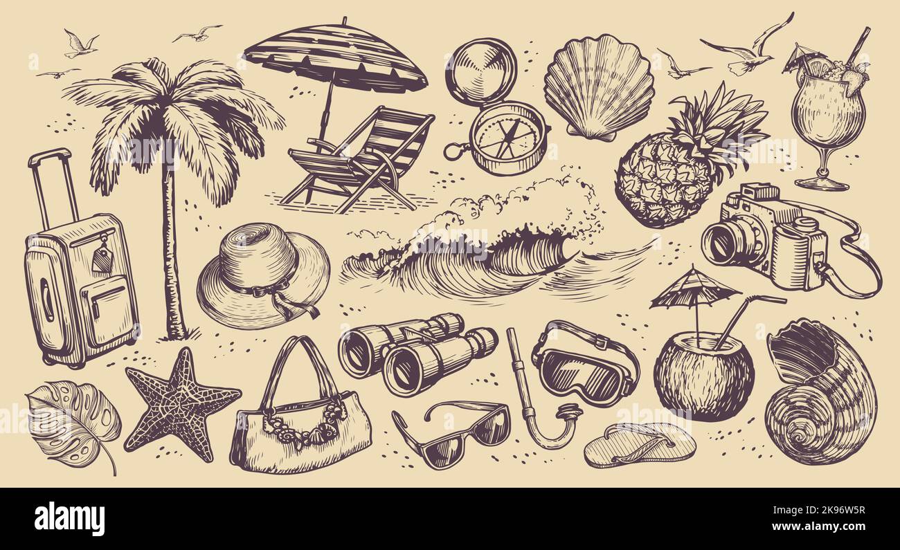 Concept de voyage. Objets de jeu dessinés à la main sur le thème des vacances à la plage. Illustration vectorielle vintage de l'esquisse de voyage Illustration de Vecteur