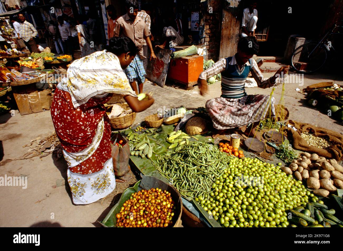 Kolkata (Calcutta) Inde Femme regardant les fruits et légumes dans le marché Banque D'Images