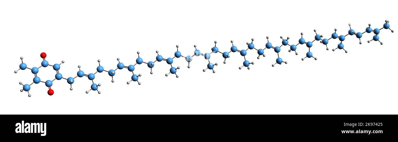 3D image de la formule squelettique de la plastoquinone - structure chimique moléculaire de la quinone isoprénoïde isolée sur fond blanc Banque D'Images