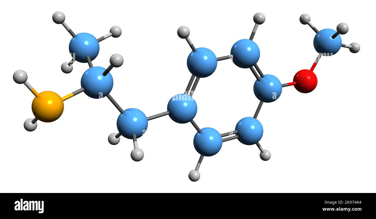 3D image de la formule squelettique PMA - structure chimique moléculaire du médicament de marque para-méthoxyamphétamine isolé sur fond blanc Banque D'Images