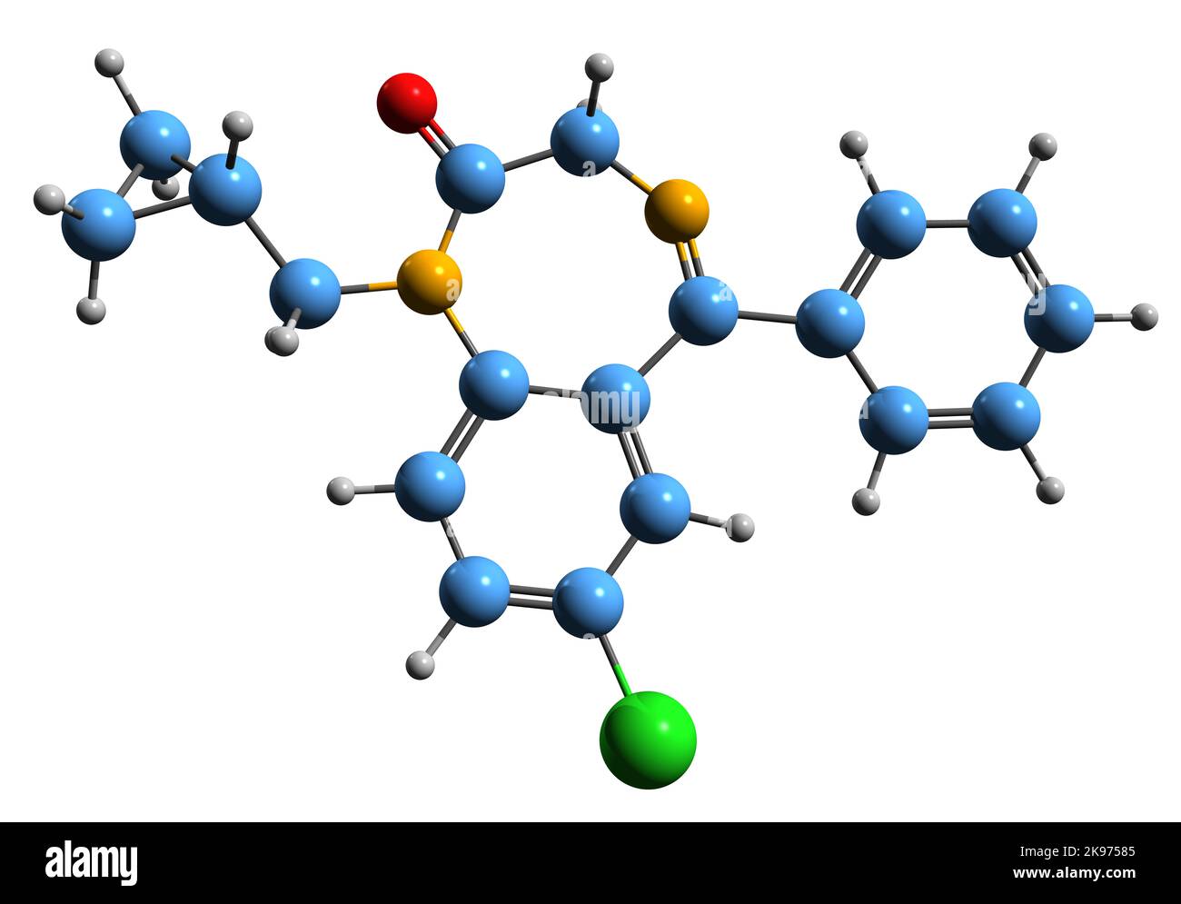 3D image de la formule squelettique de Prazepam - structure chimique moléculaire du médicament dérivé de benzodiazépine isolé sur fond blanc Banque D'Images