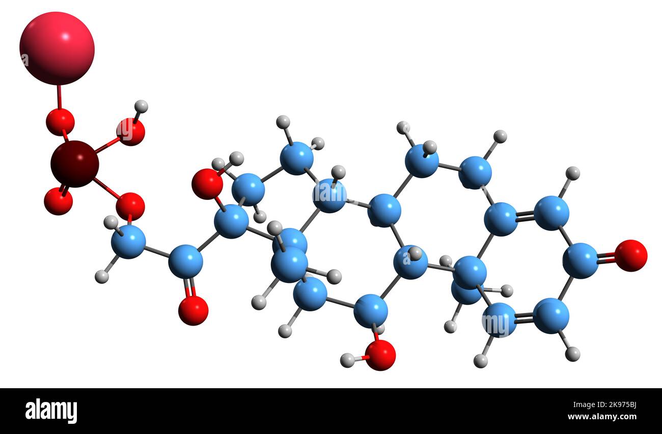 3D image de la formule squelettique du phosphate de sodium de Prednisolone - structure chimique moléculaire du corticostéroïde glucocorticoïde synthétique isolé sur blanc Banque D'Images