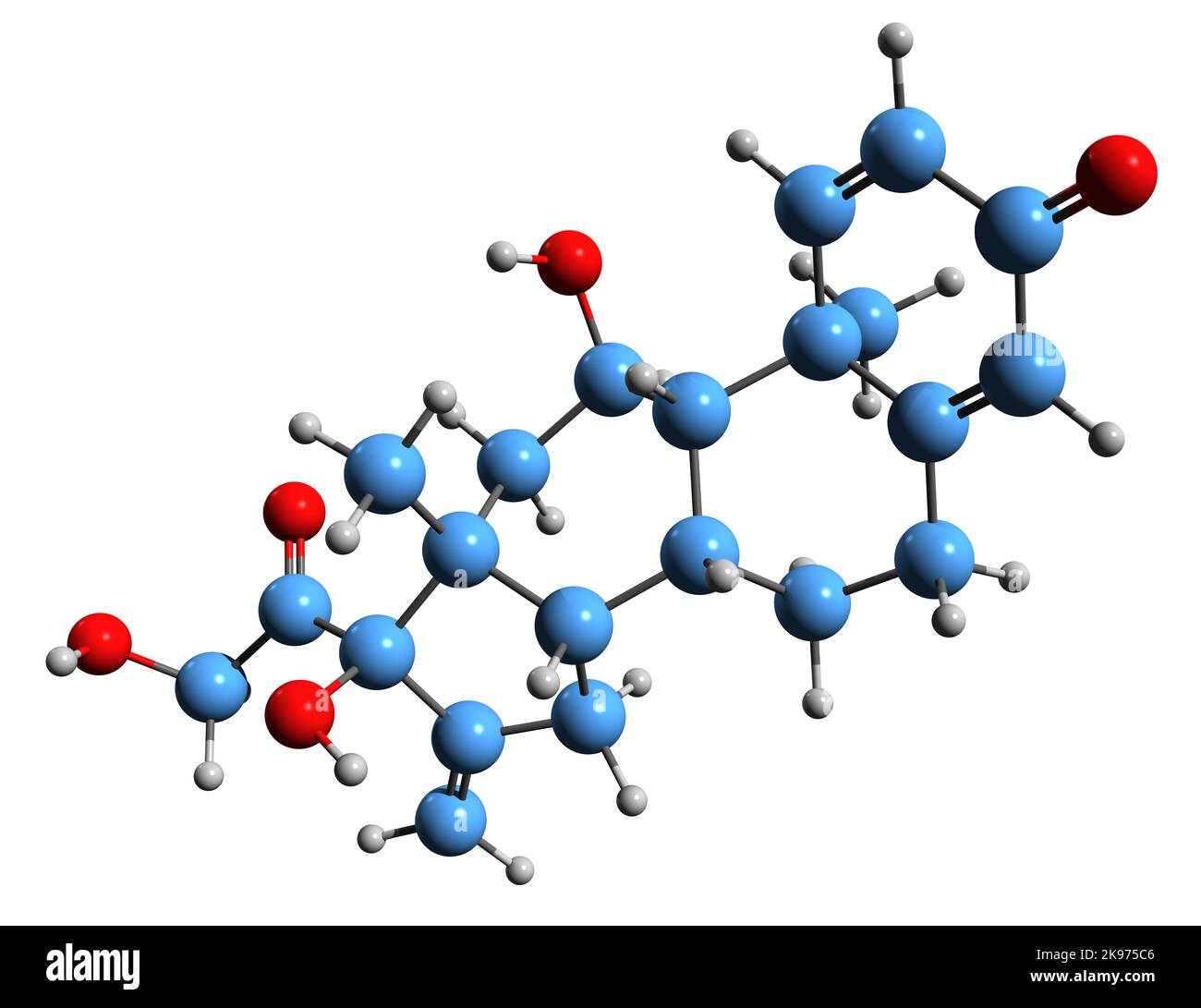 3D image de la formule squelettique de Prednylidène - structure chimique moléculaire des glucocorticoïdes isolés sur fond blanc Banque D'Images