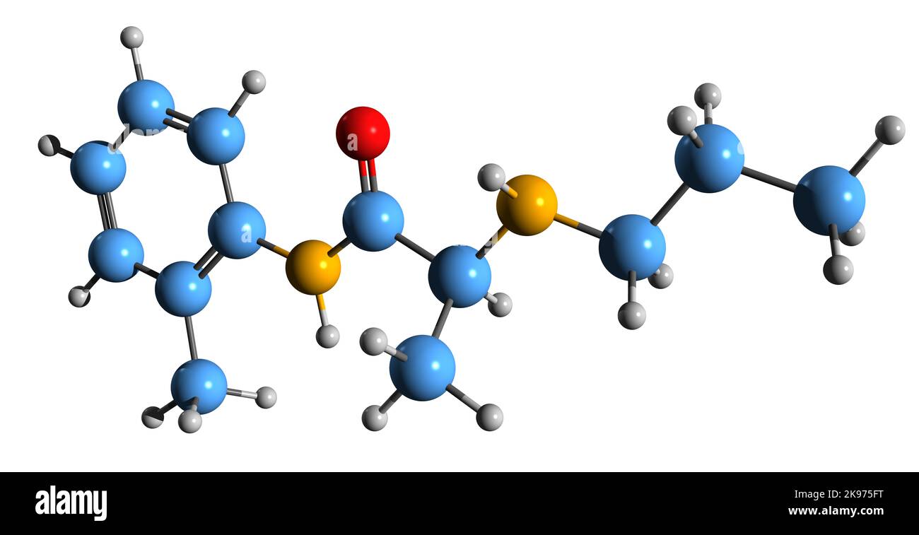 3D image de la formule squelettique de Prilocaïne - structure chimique moléculaire de l'anesthésique local isolé sur fond blanc Banque D'Images