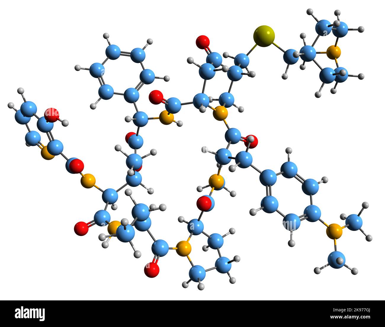 3D image de la formule squelettique de Quinupristine - structure chimique moléculaire de l'antibiotique de la streptogramine B isolé sur fond blanc Banque D'Images