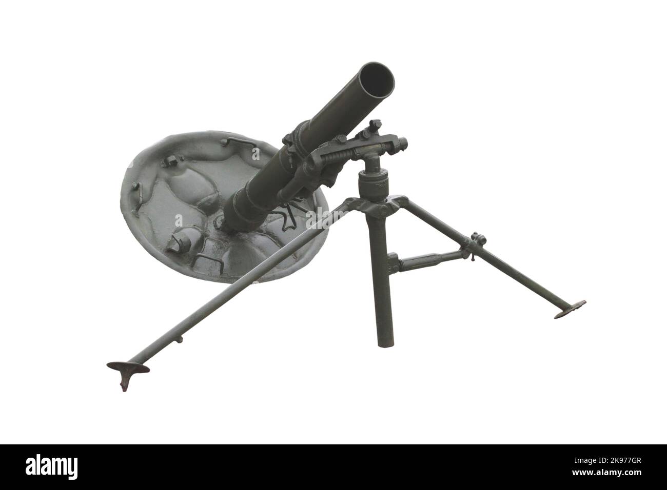 Équipement militaire. Mortier soviétique de l'armée isolé sur fond blanc Banque D'Images