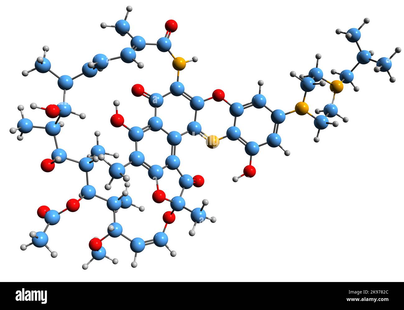 3D image de la formule squelettique de Rifalazil - structure chimique moléculaire de l'antibiotique isolé sur fond blanc Banque D'Images