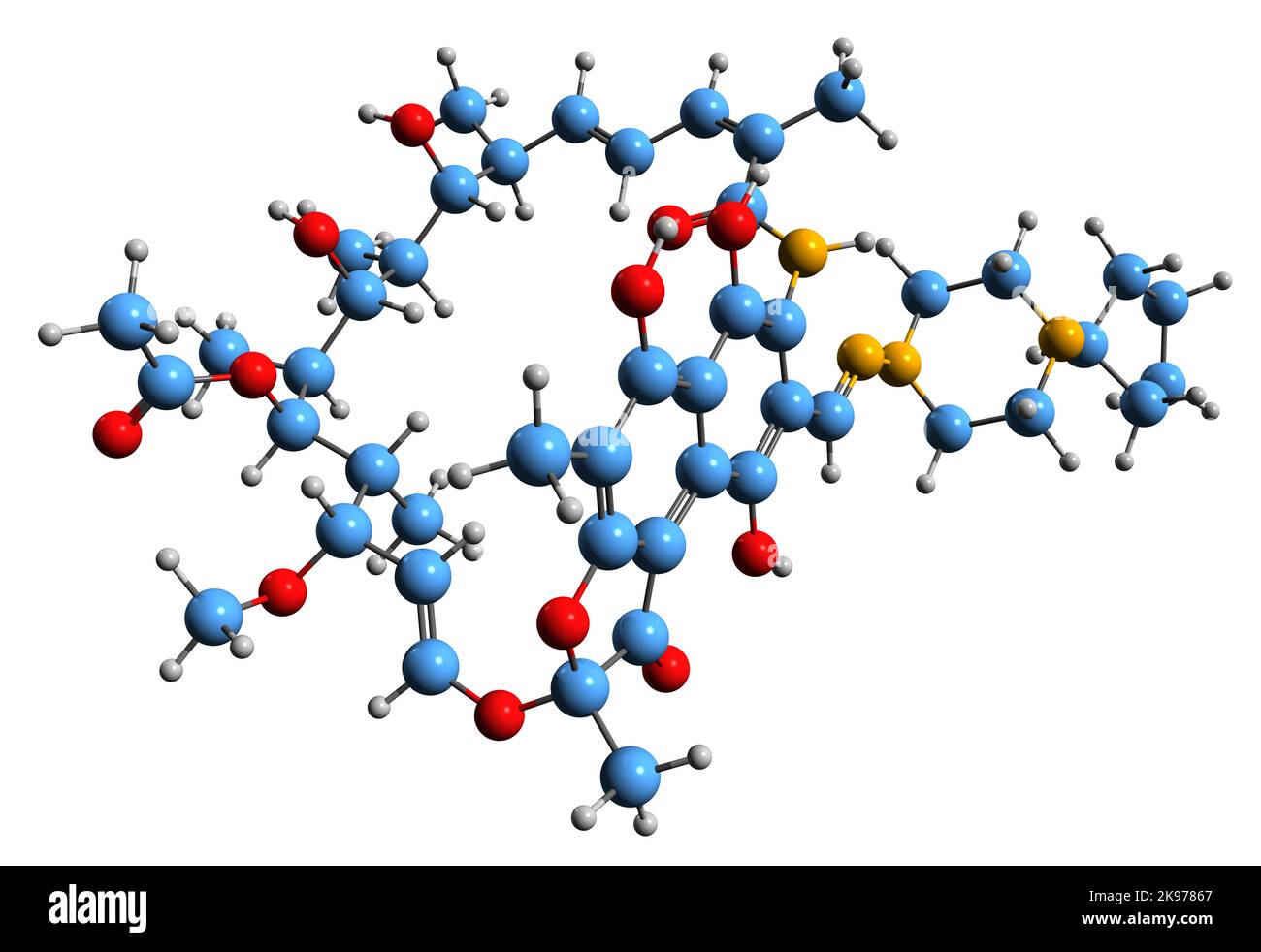 3D image de formule squelettique de la rifapentine - structure chimique moléculaire du médicament antituberculeux isolé sur fond blanc Banque D'Images