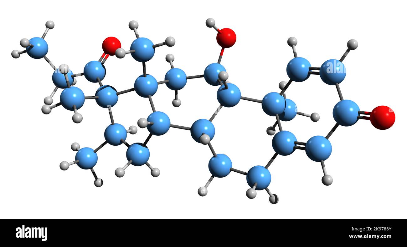3D image de la formule du squelette de Rimexolone - structure chimique moléculaire du stéroïde glucocorticoïde isolé sur fond blanc Banque D'Images