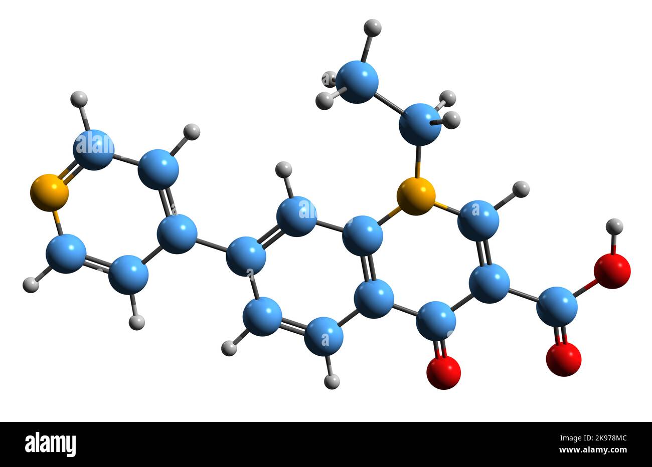 3D image de la formule squelettique de Rosoxacine - structure chimique moléculaire de l'antibiotique quinolone isolé sur fond blanc Banque D'Images