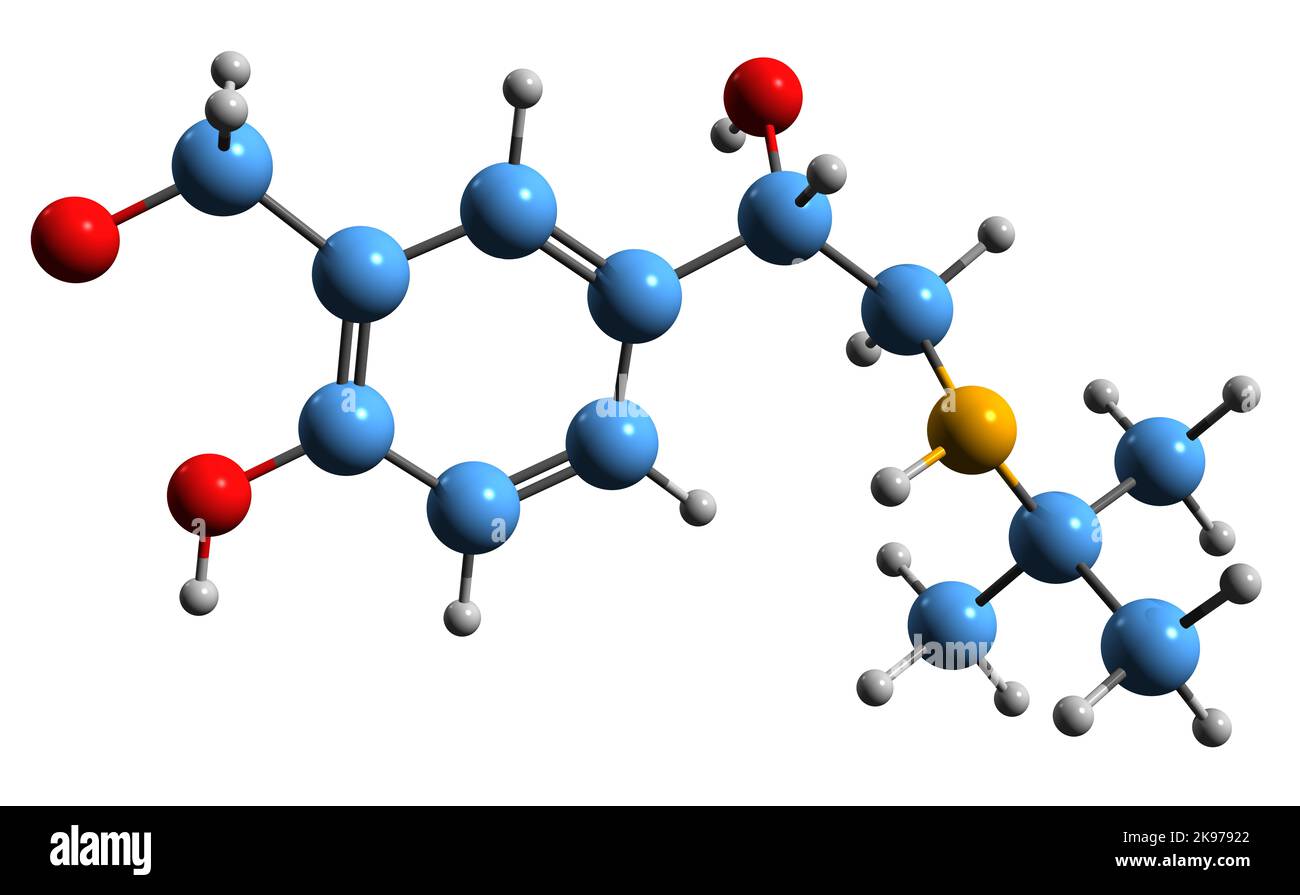 3D image de formule squelettique de Salbutamol - structure chimique moléculaire du bronchodilatateur isolé sur fond blanc Banque D'Images