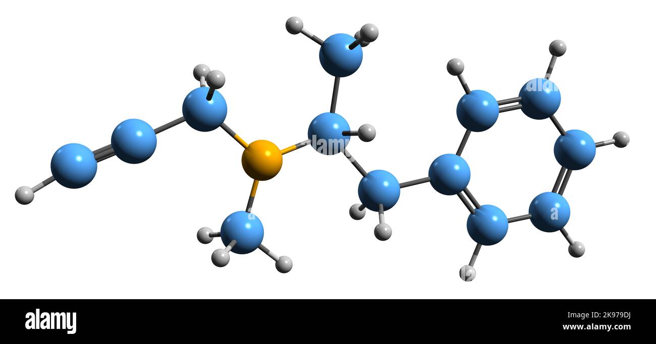 3D image de la formule squelettique Selegiline - structure chimique moléculaire du médicament de la maladie de Parkinson isolé sur fond blanc Banque D'Images