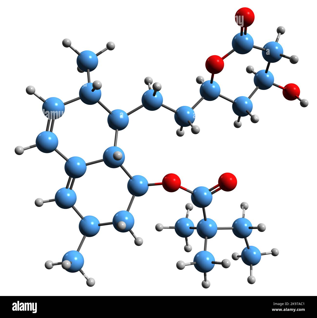 3D image de la formule squelettique Simvastatin - structure chimique moléculaire du médicament hypolipidique isolé sur fond blanc Banque D'Images