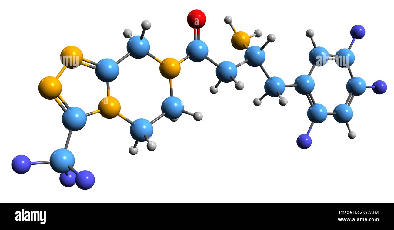 3D image de la formule squelettique de Sitagliptine - structure chimique moléculaire du médicament antidiabétique isolé sur fond blanc Banque D'Images
