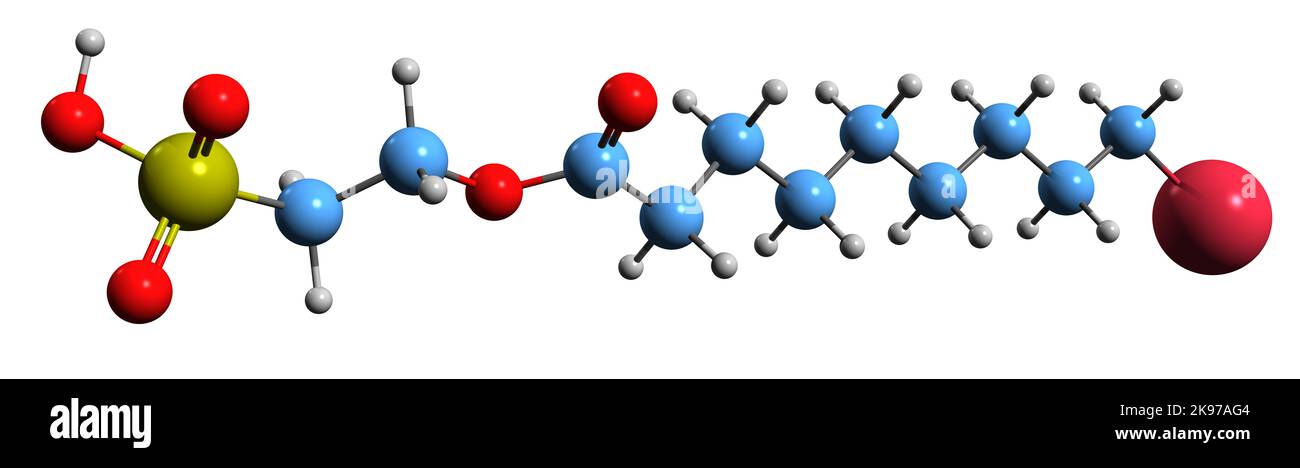 3D image de la formule squelettique de l'iséthionate de caproyle de sodium - structure chimique moléculaire du sulfonate de 2-décanoyloxyéthane de sodium isolé sur le dos blanc Banque D'Images