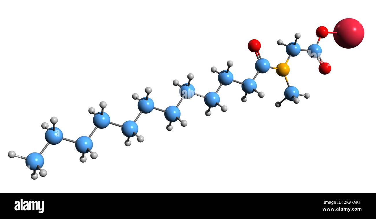 3D image de la formule squelettique du lauroyl Sarcosinate de sodium - structure chimique moléculaire du surfactant anionique isolé sur fond blanc Banque D'Images