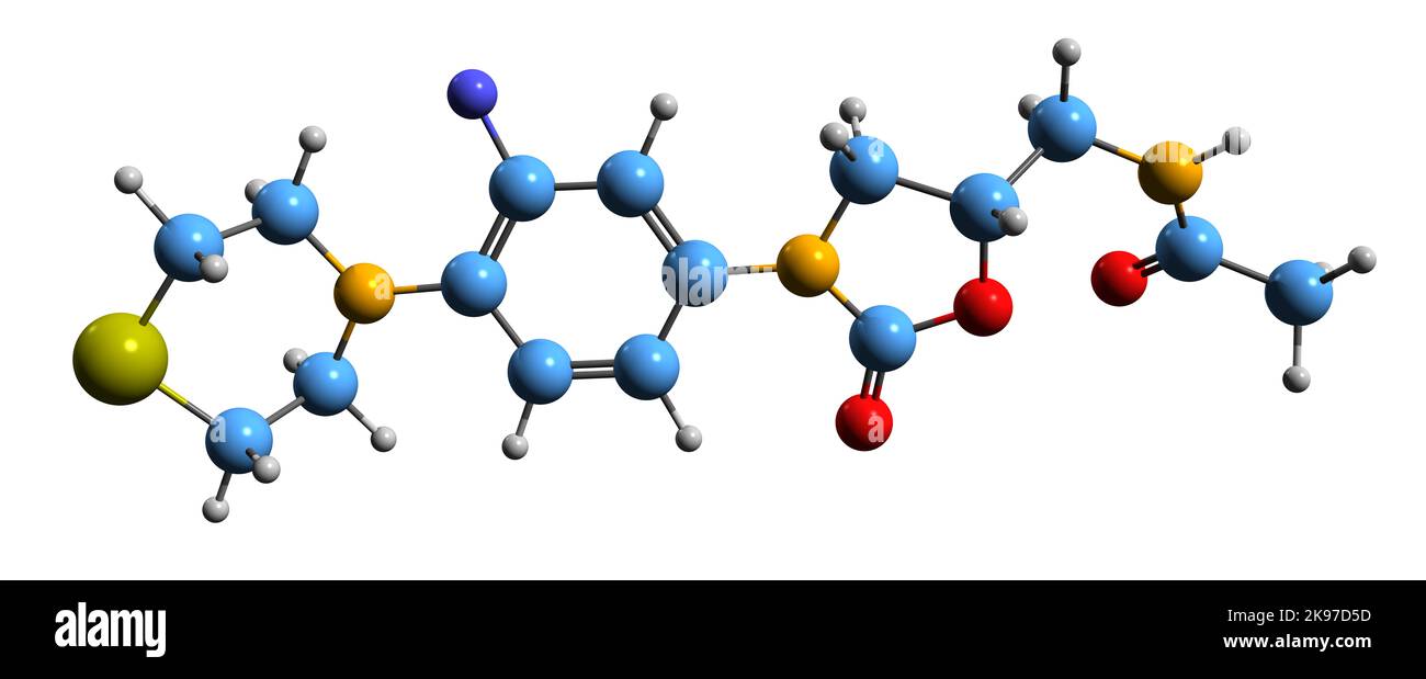 3D image de la formule squelettique de Sutezolid - structure chimique moléculaire de l'antibiotique oxazolidinone XDR-TB isolé sur fond blanc Banque D'Images