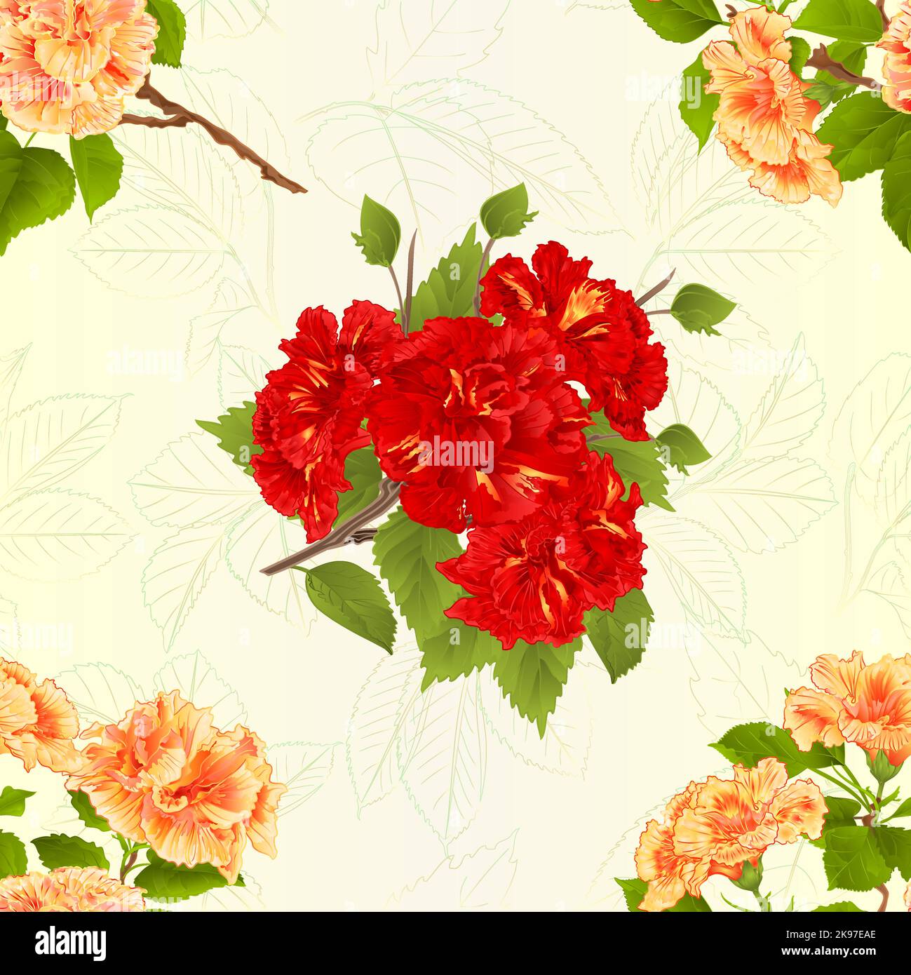 Texture sans couture branche hibiscus fleurs tropicales jaunes et rouges sur un fond de feuilles vecteur vintage illustration botanique dessin à la main Illustration de Vecteur