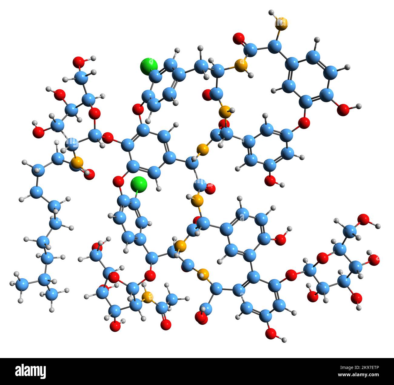 3D image de la teicoplanine А 2-5 formule squelettique - structure chimique moléculaire de l'antibiotique glycopeptide isolé sur fond blanc Banque D'Images