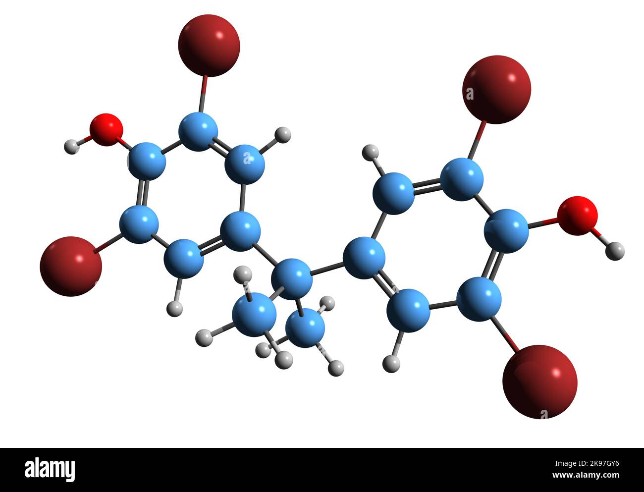 3D image de Tetrabromobisphénol Une formule squelettique - structure chimique moléculaire du TBBPA ignifuge bromé isolé sur fond blanc Banque D'Images