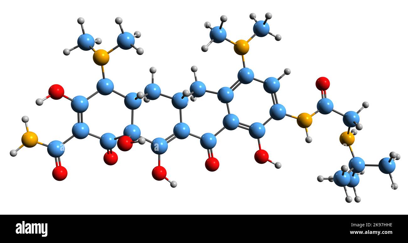 3D image de la formule squelettique de la tigécycline - structure chimique moléculaire du médicament antibiotique de la tétracycline isolé sur fond blanc Banque D'Images