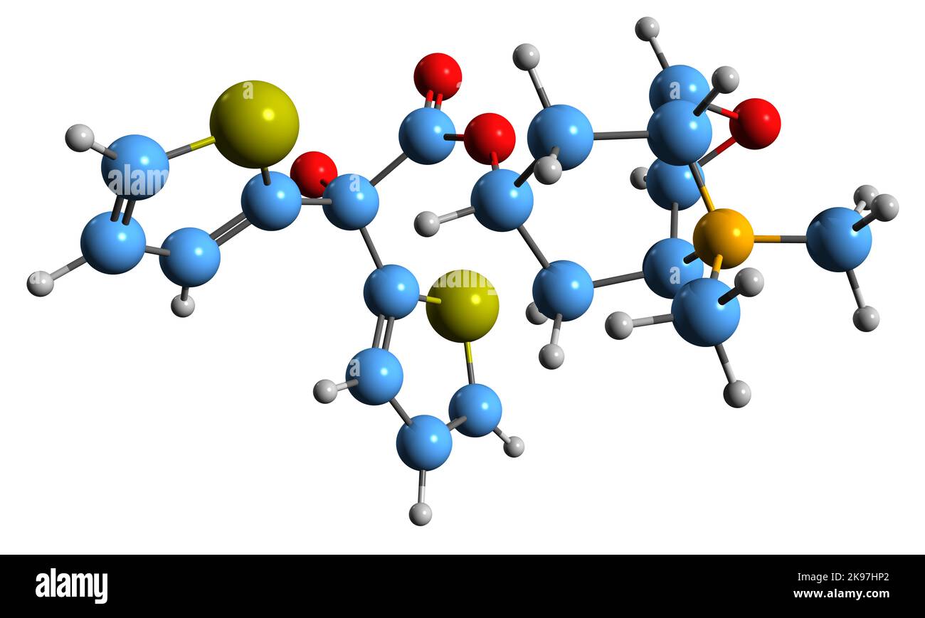 3D image de la formule squelettique du bromure de Tiotropium - structure chimique moléculaire du bronchodilatateur à action prolongée isolé sur fond blanc Banque D'Images
