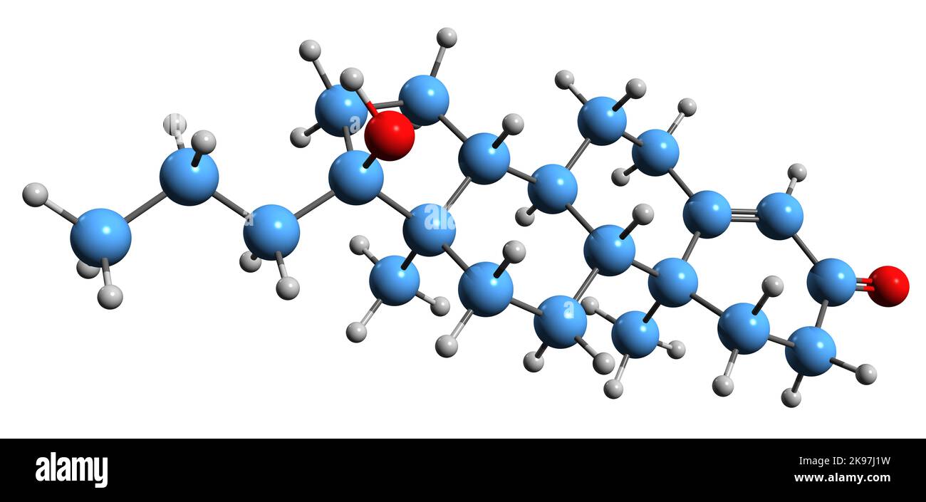 3D image de la formule du squelette de Topterone - structure chimique moléculaire de la propyltestostérone antiandrogène isolée sur fond blanc Banque D'Images