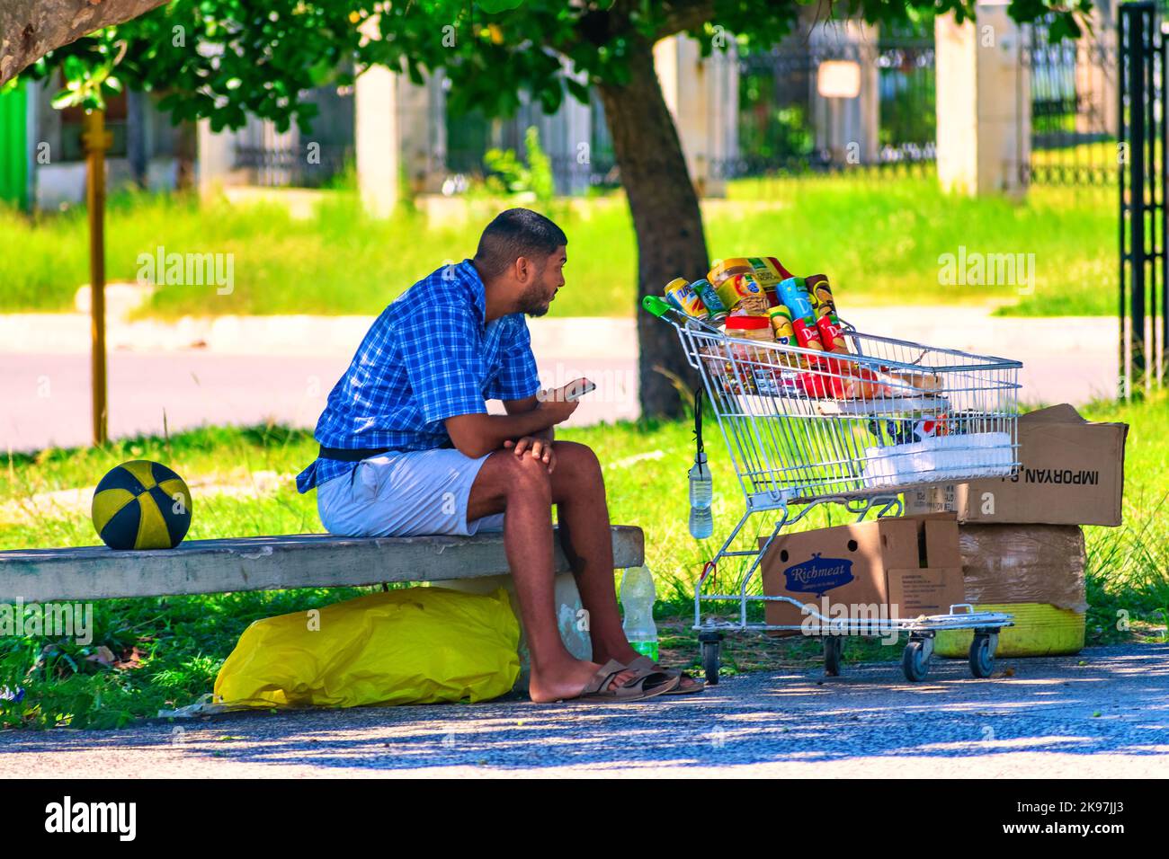 Un Afro-Caribbean vend des articles de base dans un panier. Il est assis dans un parc public. Banque D'Images