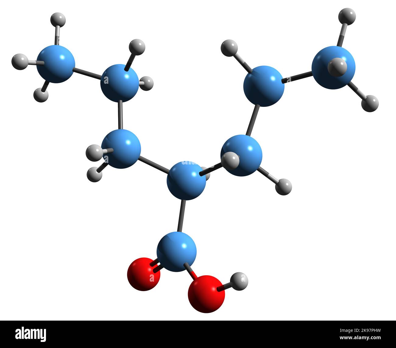 3D image de la formule squelettique Valproate - structure chimique moléculaire de l'épilepsie et du médicament pour trouble bipolaire VPA isolé sur fond blanc Banque D'Images