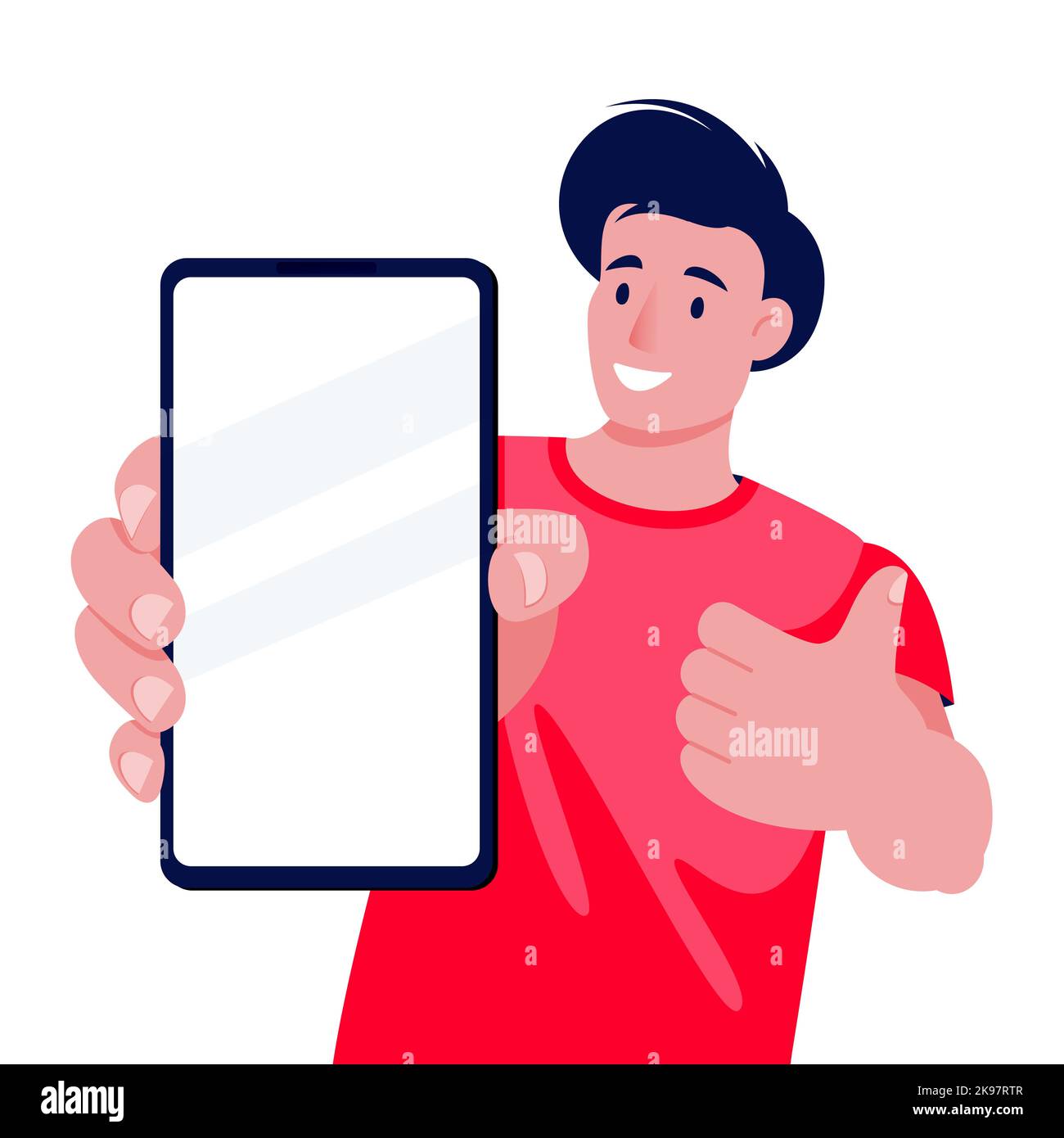 Un jeune homme tient son pouce et montre l'écran vide du smartphone. Illustration de personnage de dessin animé plat vectoriel isolée sur fond blanc. Maquette desi Illustration de Vecteur