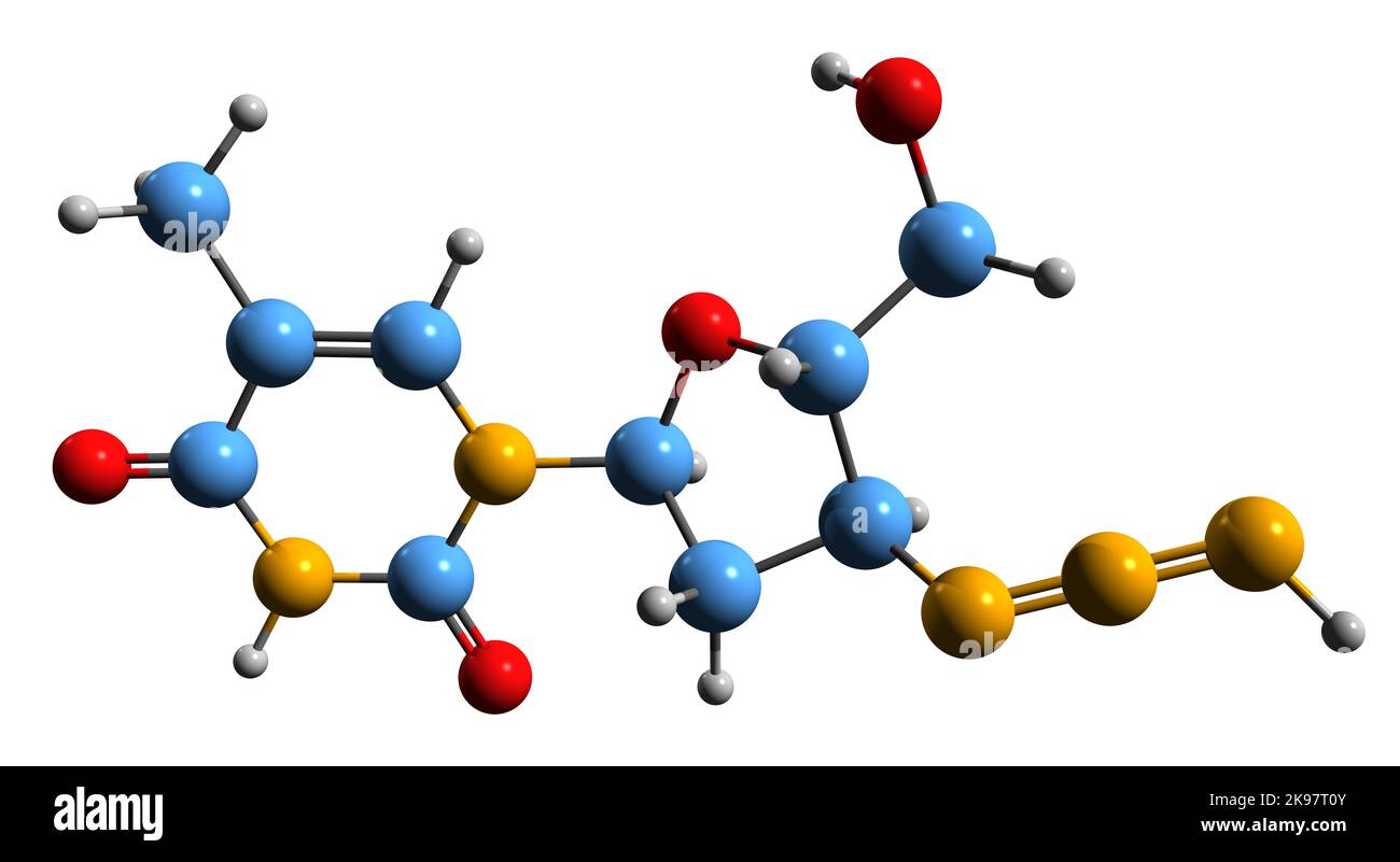3D image de la formule squelettique de Zidovudine - structure chimique moléculaire du médicament antirétroviral isolé sur fond blanc Banque D'Images