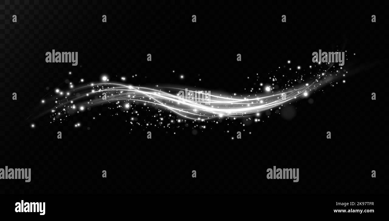 Lignes de vitesse blanches lumineuses. Effet lumineux. Lignes de mouvement abstraites. Onde de la piste lumineuse, ligne de trace de la voie d'incendie, feux de voiture, fibre optique et Illustration de Vecteur