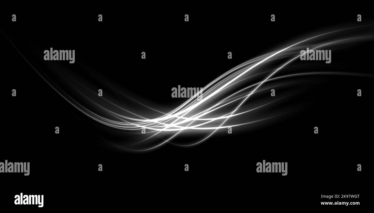Lignes de vitesse blanches lumineuses. Effet lumineux. Lignes de mouvement abstraites. Onde de la piste lumineuse, ligne de trace de la voie d'incendie, feux de voiture, fibre optique et Illustration de Vecteur