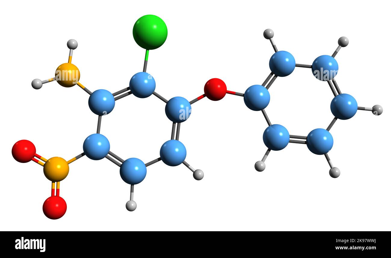 3D image de la formule squelettique d'Aclonifen - structure chimique moléculaire de l'herbicide isolé sur fond blanc Banque D'Images