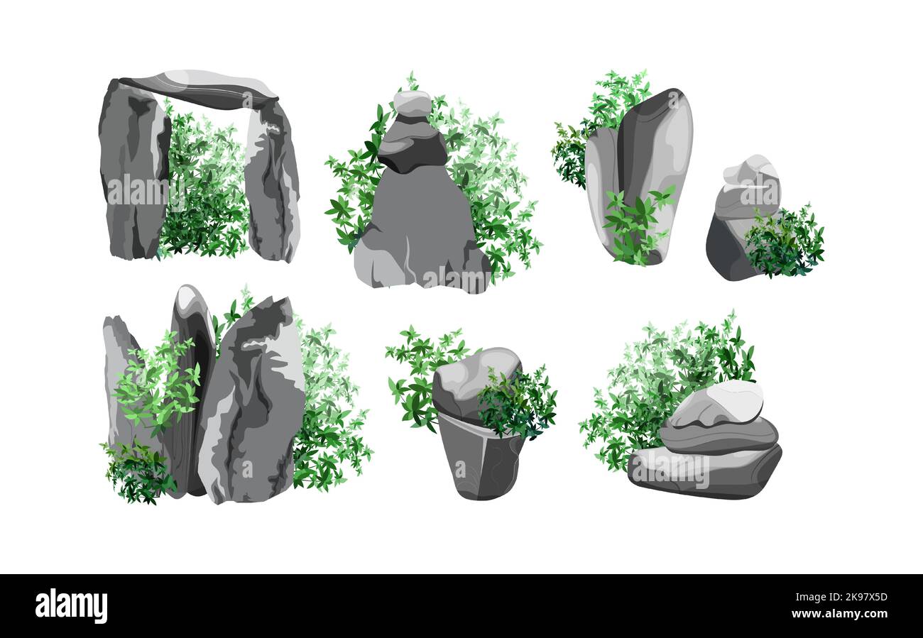 Galets côtiers,pavés,gravier,minéraux et formations géologiques.Collection de pierres de formes et de plantes diverses.fragments de roches,rochers et b Illustration de Vecteur