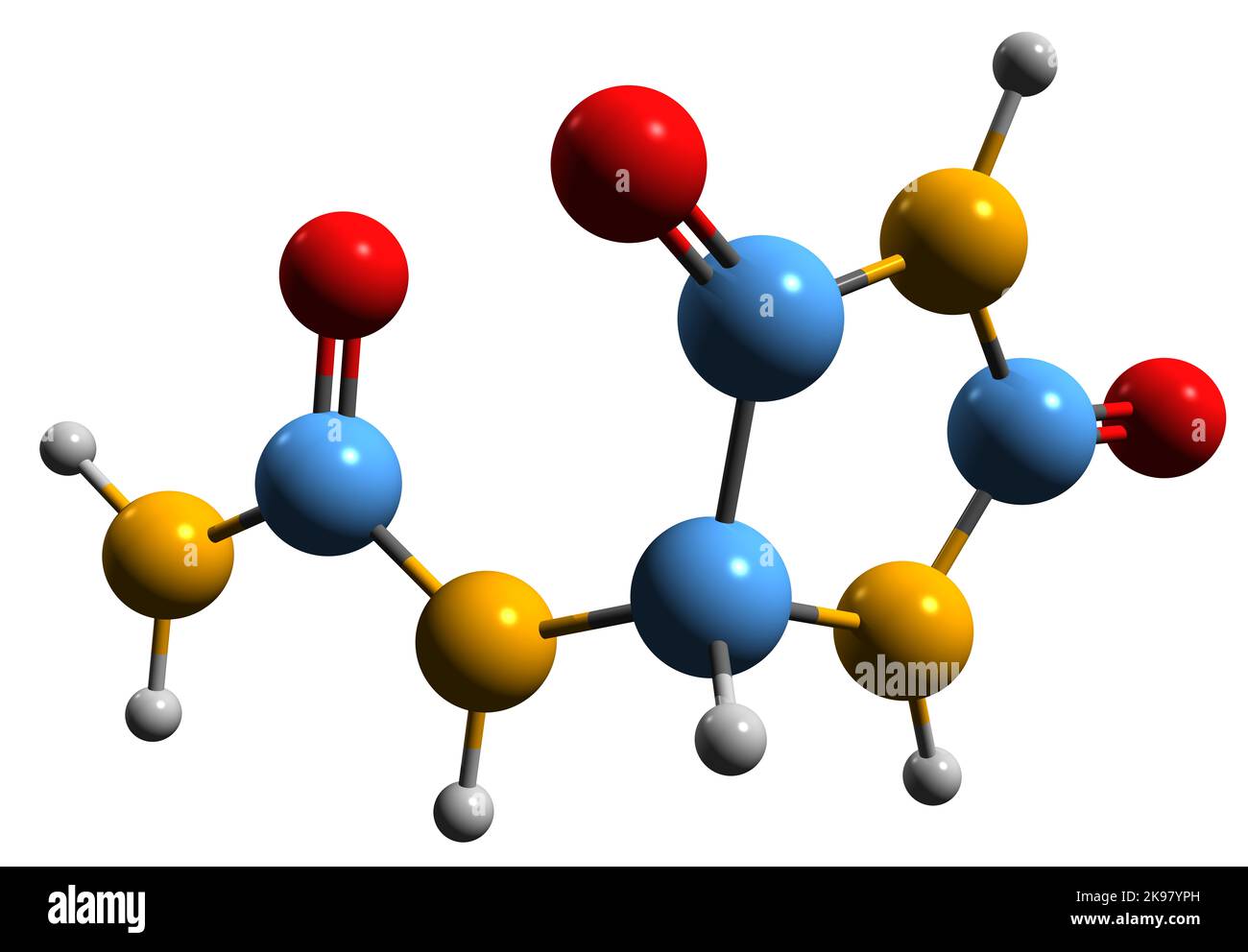 3D image de la formule squelettique de l'allantoïne - structure chimique moléculaire de l'uréidohydantoïne-5 isolée sur fond blanc Banque D'Images