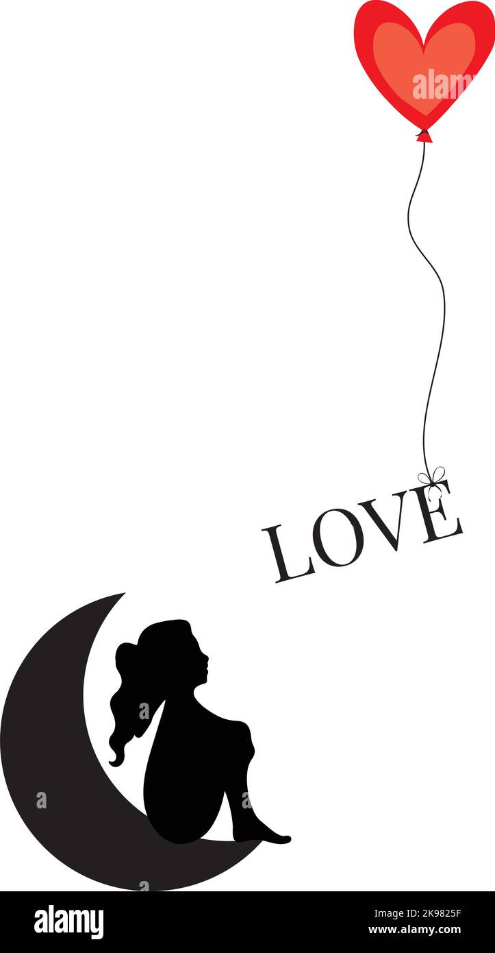 Fille sur lune, vecteur. Illustration de silhouette de fille, dessin animé isolé sur fond blanc. Ballon en forme de coeur avec mot amour Illustration de Vecteur